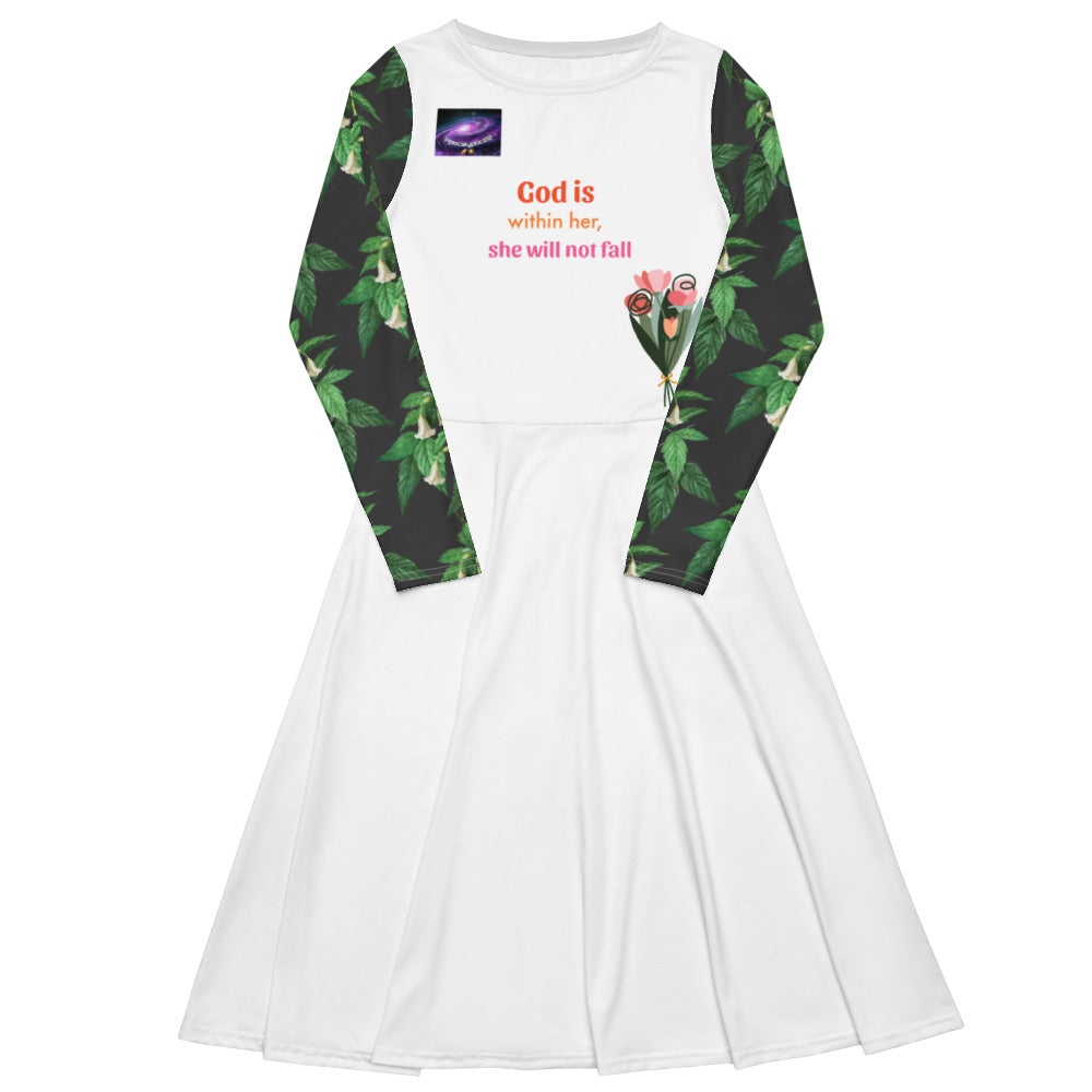 長袖連衣裙,遍布整個印刷 - 上帝與她同在,她不會跌倒