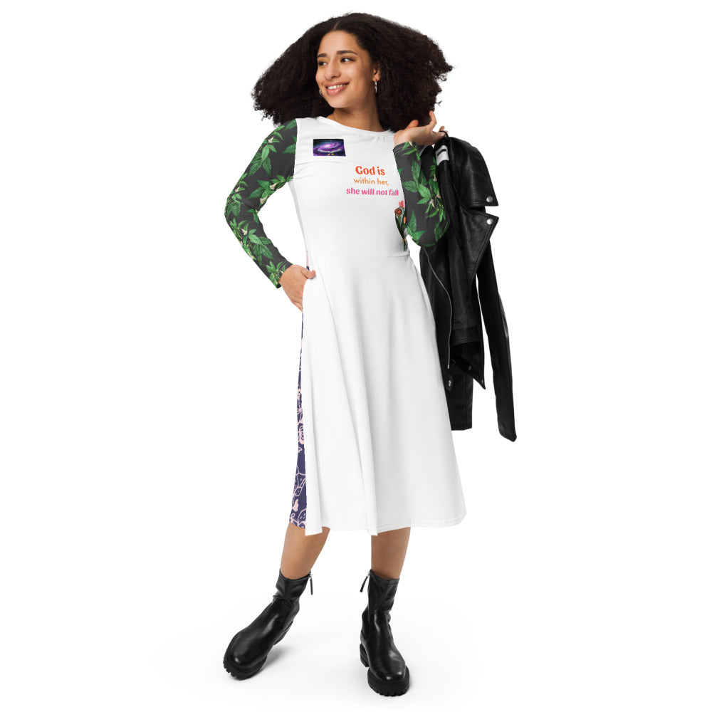 長袖連衣裙,遍布整個印刷 - 上帝與她同在,她不會跌倒