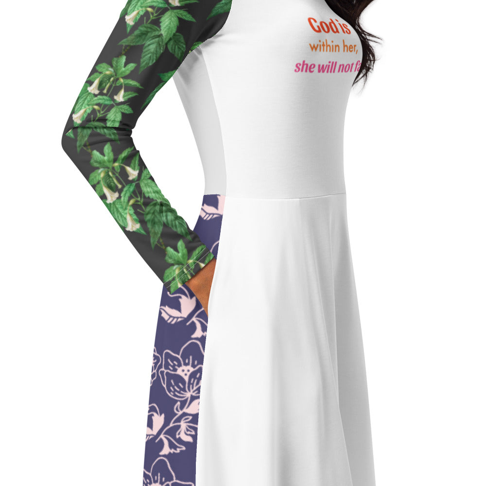 長袖連衣裙,遍布整個印刷 - 上帝與她同在,她不會跌倒