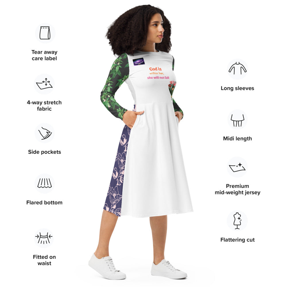 長袖連衣裙,遍布整個印刷 - 上帝與她同在,她不會跌倒