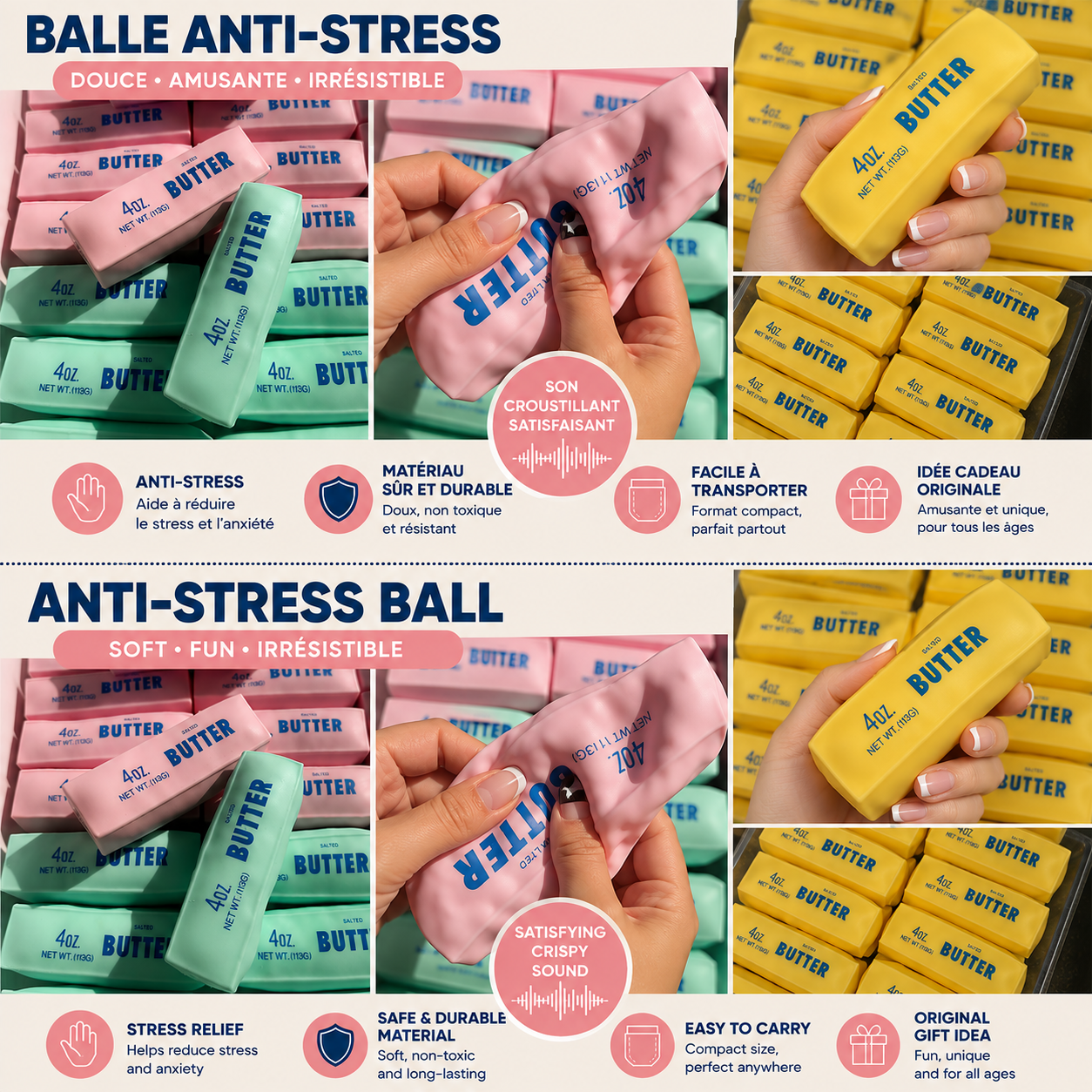 Balle anti-stress souple en forme de bâtonnet de beurre, à malaxer, presser croustillant, rembourrés, ASMR anti-stress pour la relaxation des mains