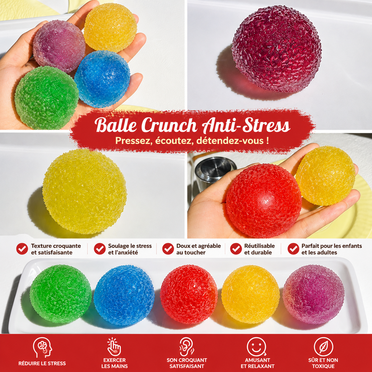 Balle anti-stress au maltose, Balle molle et bruyante, doux, à récupération lente, à presser, pour adultes, exercice des mains (lot de 7 balles)