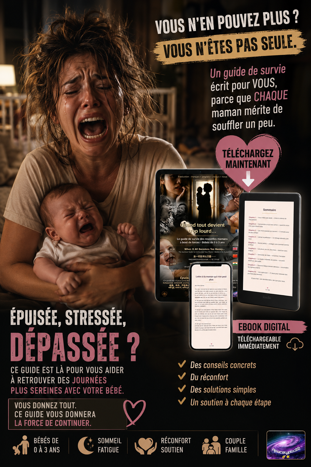 Quand tout devient trop lourd… Le guide de survie des nouvelles mamans à bout de forces (bébés 0 à 3 ans). Épuisée, stressée, dépassée ? Ce guide est là pour vous (ebook) (Français/Anglais/Chinois/Indien)