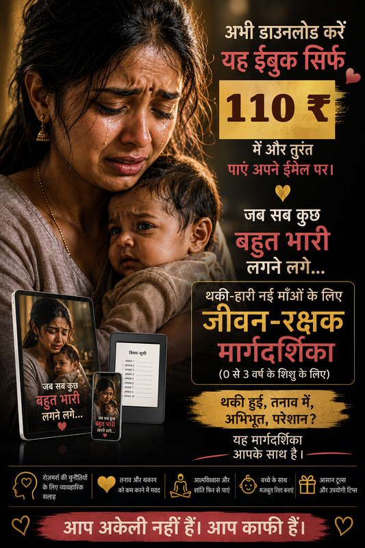 जब सब कुछ बहुत ज़्यादा हो जाए… थकी हुई नई माताओं के लिए एक सर्वाइवल गाइड (0 से 3 साल के शिशुओं के लिए)।  थकी हुई, तनावग्रस्त, अभिभूत? यह गाइड आपके लिए है (ई-बुक) (SPECIAL HINDI)