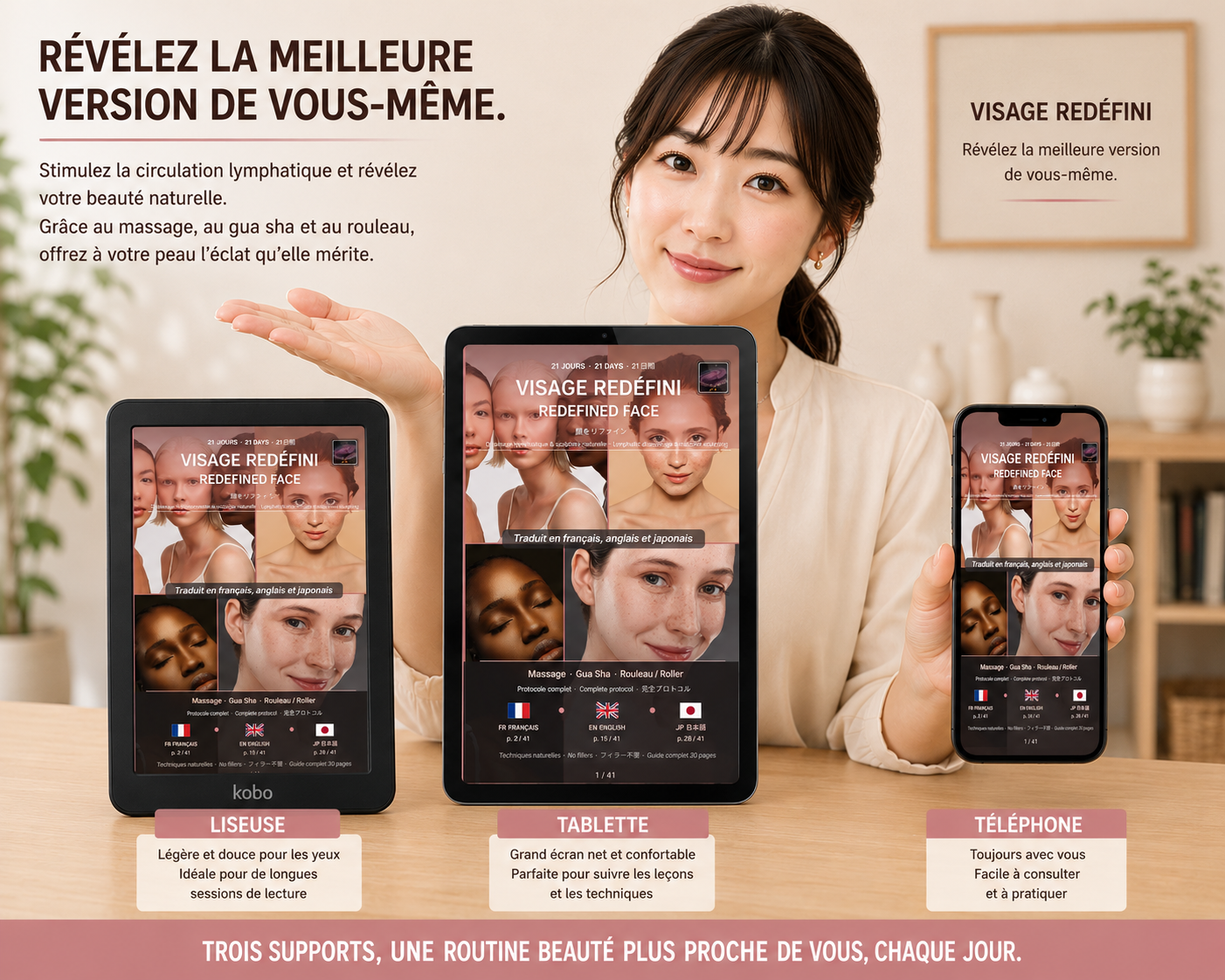 21 jours visage redéfini, drainage lympatique & sculpture naturelle (ebook)/Français/Anglais/Japonais